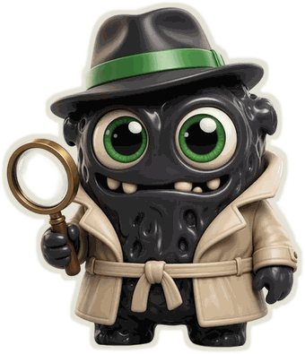 The PROOF detective: a small black vinyl-toy monster in a fedora with a green band and a beige trench coat, holding a brass magnifier.